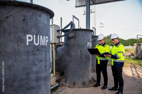 A specialist engineer and an inspector are working together to check the high pressure water pump of a wastewater treatment plant to ensure it is functioning according to standards.