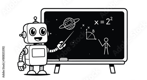 Cute robot teaching math and science concepts on a blackboard.