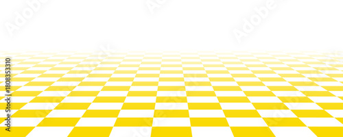 Golden checkerboard floor in perspective. Abstract checkered tile pattern background. Retro horizontal chess board grid plane surface. Vintage yellow empty room checker stage. Vector ballroom floor