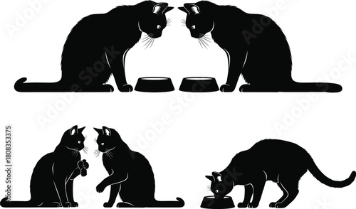 Black cats eating food and drinking milk vector illustration, domestic pet feeding silhouette, feline animal art for nutrition, design, and pet care concept
