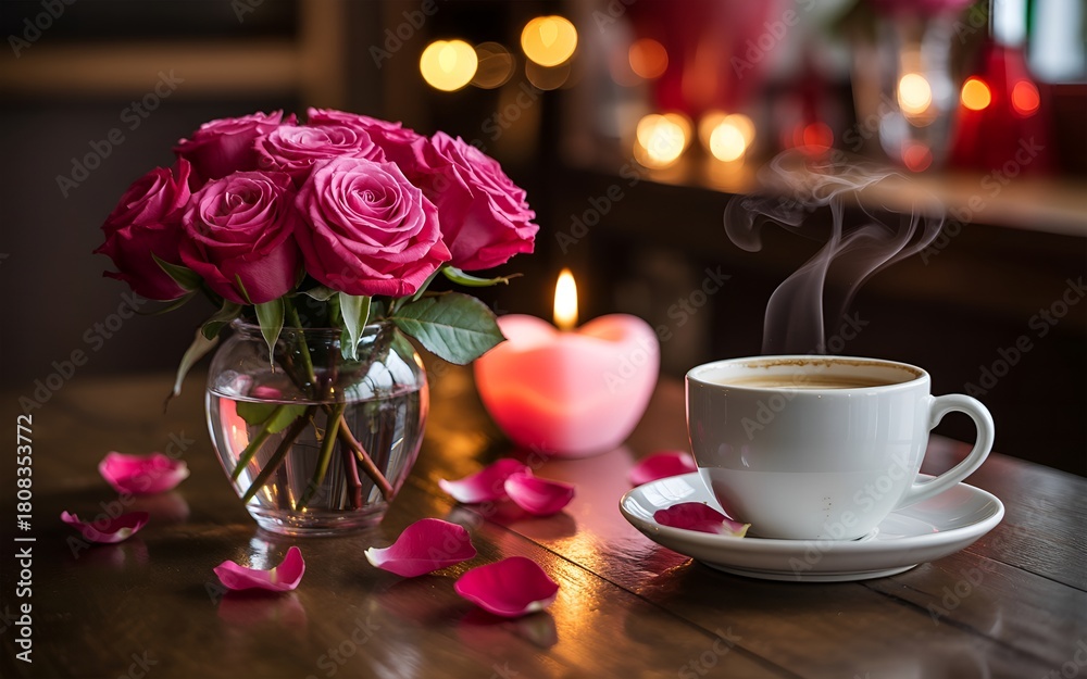 Fototapeta premium Romantic coffee break with roses and candlelight a cozy and intimate scene for Valentines Day or special occasions on a rustic wooden table