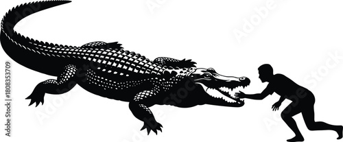 Dangerous crocodile attack vector illustration, man confronting wild reptile, wildlife predator encounter, survival adventure concept, black silhouette artwork for nature danger design