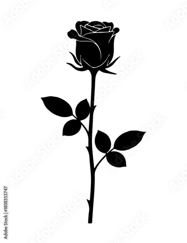 Silhouette of a Single Rose with Leaves on a Stem