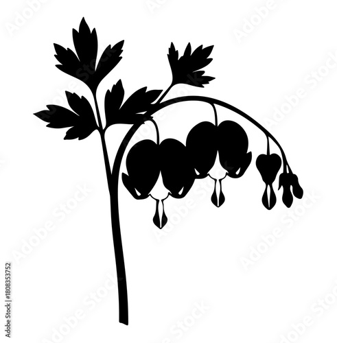 Bleeding Heart Flower Silhouette with Stem and Foliage Design