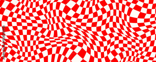 Red trippy checkerboard background. Retro psychedelic checkered wallpaper. Wavy groovy chessboard surface. Distorted geometric grid chess pattern. Abstract red and white race flag backdrop. Vector