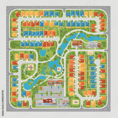 An illustrated aerial view of a planned suburban community featuring houses, parks, lakes, roads, and a commercial area, showcasing urban planning.