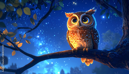 Whimsical Owl Under a Starry Night Sky