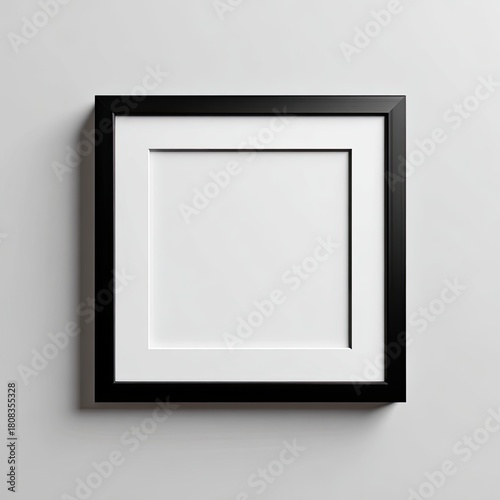 A square black picture frame with a white matte, floating on a light gray wall