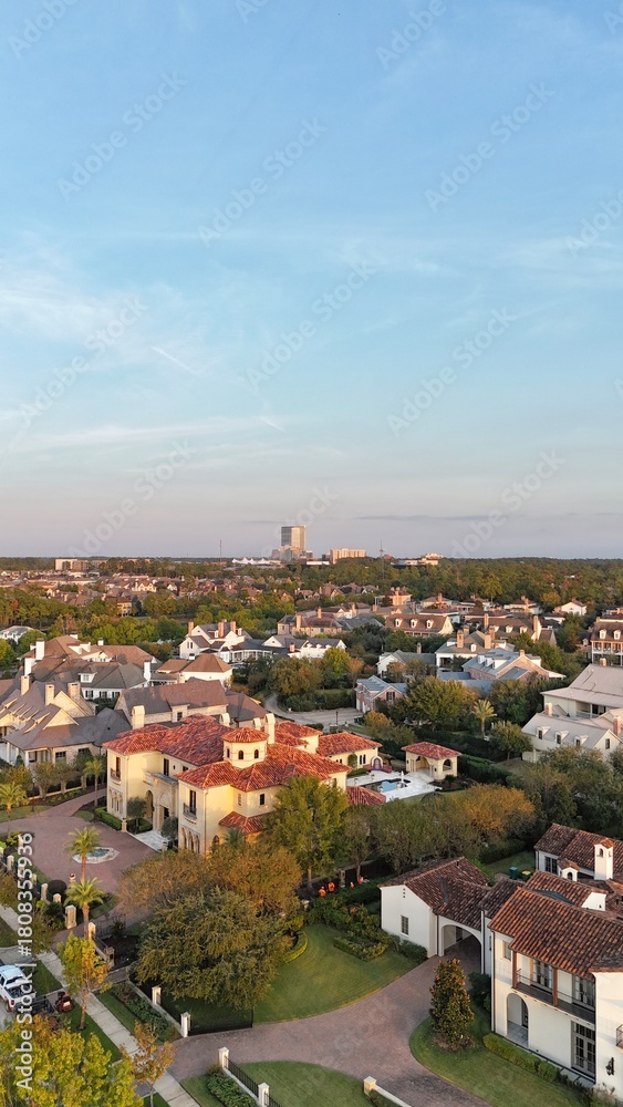 Fototapeta premium Aerial view of colorful luxury houses in Houston, Woodlands in Texas, United States