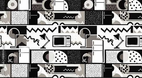 Abstract geometric pattern featuring kitchen appliances like refrigerators, microwaves, lamps, and other graphic elements in a black, white, and gray color scheme.