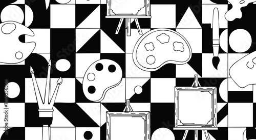 Black and white seamless pattern featuring art supplies: easels, paint palettes, brushes, and pencils, set against a geometric checkered background.
