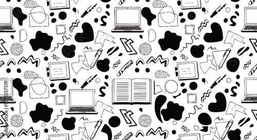 A black and white seamless pattern featuring hand-drawn doodles of laptops, books, pens, hearts, circles, and abstract shapes on a white background.