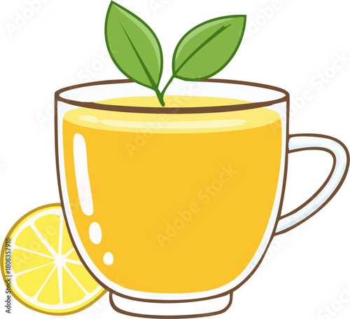 Refreshing Lemon Tea Illustration with Fresh Green Leaves.