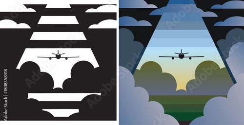 Dynamic airplane soaring through stylized clouds against a vibrant gradient sky, symbolizing progress and adventure.
