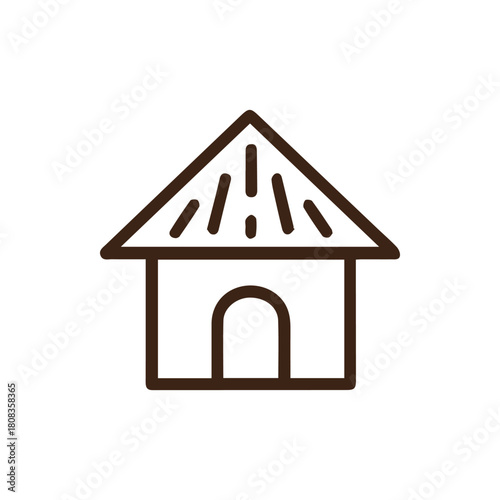 Simple charming brown line art hut icon representing cozy dwelling and shelter