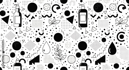 Abstract black and white pattern featuring cosmetic bottles, leaves, water droplets, and geometric shapes scattered across the surface.