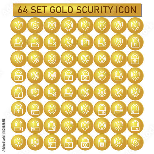 set of icons for web | 64 Gold Security Icons Set: Vector Padlock and Shield Collection