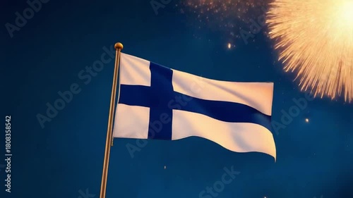 Finland flag waving in front of fireworks display 8.