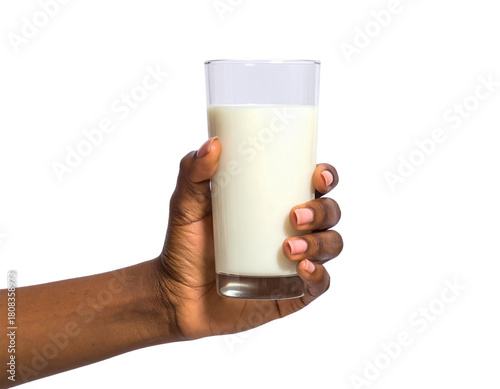 Hand holding glass of milk dairy drink protein calcium nutrition on transparent background