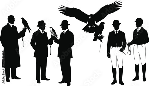 Falconry men silhouette vector illustration, traditional hunters with falcons and eagles, vintage wildlife art, bird training sport, 