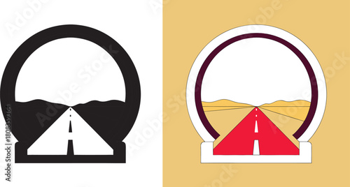 Journey to the horizon, vibrant road leading through stylized desert landscape framed by a circular vista for endless possibilities