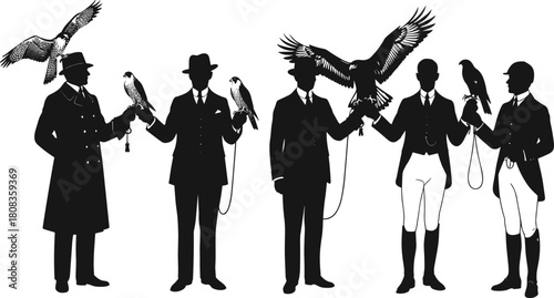 Falconry men silhouette vector illustration, vintage hunters with falcons and eagles, wildlife bird training sport, traditional hunting art, retro outdoor falconer design