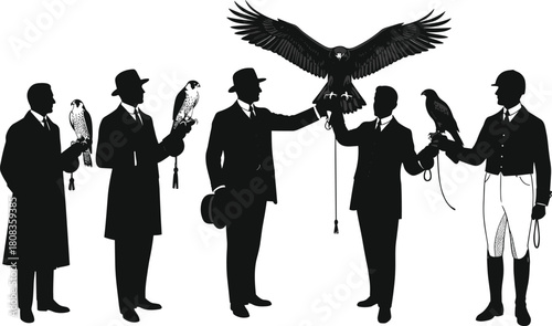 Falconry men silhouette vector illustration, vintage hunters with falcons and eagles, wildlife bird training, traditional hunting sport, retro outdoor falconer art design