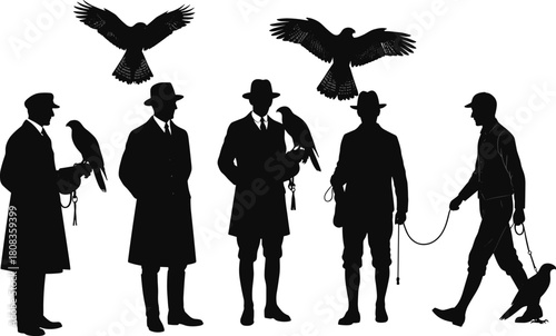 Falconry men silhouette vector illustration, vintage hunters with falcons and hawks, wildlife hunting concept, traditional sport art, retro outdoor bird training design