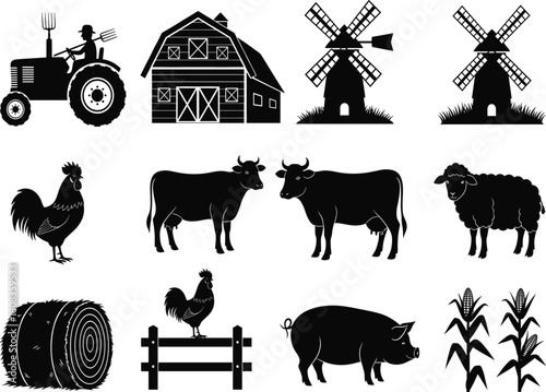 Farm animals and agriculture elements vector set, tractor barn cow pig rooster sheep windmill corn hay icons for rural countryside design