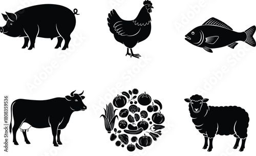 Farm animals and food vector illustration, pig cow sheep chicken fish and vegetables silhouettes for agriculture, farming, organic market, and food production design