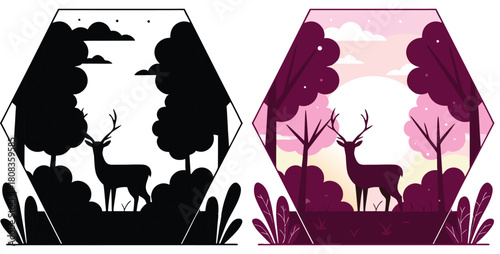 Majestic deer stands peacefully in a stylized forest landscape with soft pink skies, evoking serene nature and wild beauty for your projects.