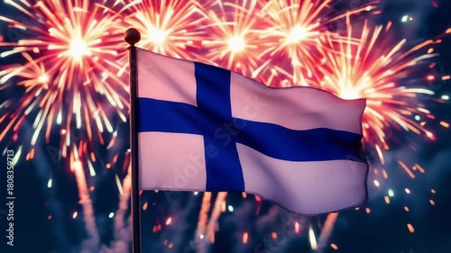 Finland flag waving with fireworks celebration 13.