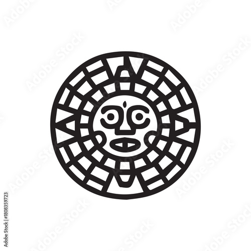 Ancient Tribal Sun God Icon Black Line Art Illustrating Indigenous Deity Face