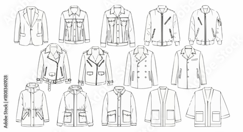 Collection of various jacket styles in detailed line art illustrations.