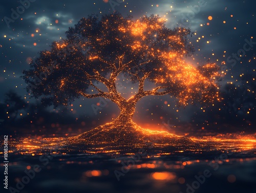 Glowing Tree of Light with Orange Sparks in Dark Sky image