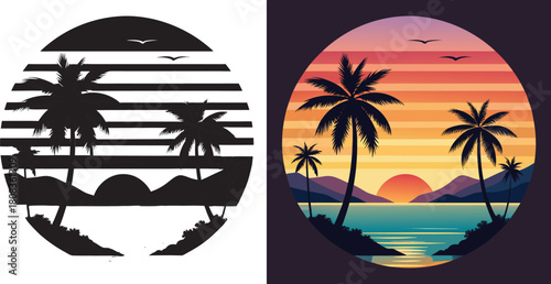 Stunning tropical sunset with palm trees silhouetted against vibrant sky over calm ocean waters