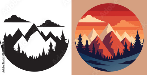Stunning minimalist mountain landscape with vibrant sunset and serene lake, perfect for adventure and travel branding