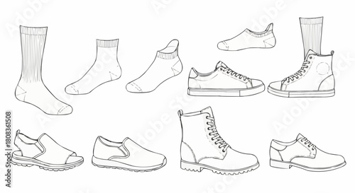 Assortment of Footwear Sketches - Socks, Sneakers, Boots, and Sandals.