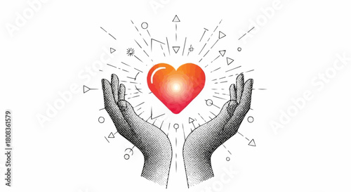 Hands Holding a Glowing Heart with Geometric Shapes.