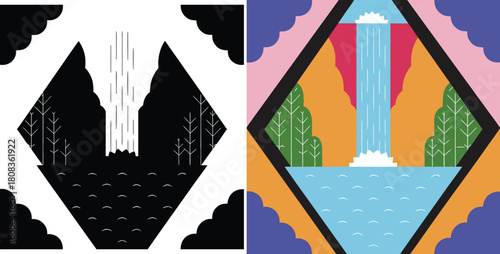 Vibrant abstract landscape with a majestic waterfall cascading into a tranquil lake and lush green trees, evoking nature's serenity and beauty.