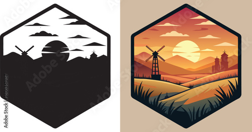 Stunning sunset over rolling hills with a historic windmill and distant church spire evokes a peaceful, rustic countryside charm.