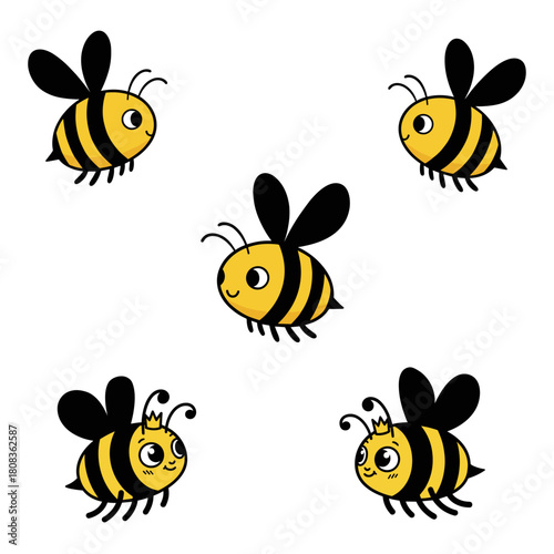 Bees Cute Flying Cartoon Bees Isolated on White