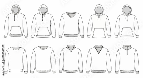 Collection of various sweatshirt and hoodie designs in a line art style.