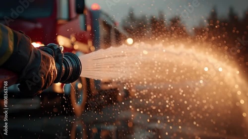 Firefighter hydrant hose water spray emergency rescue safety equipment protection danger service help 100