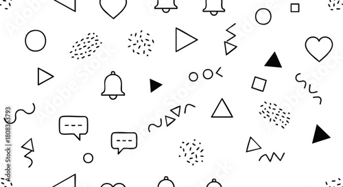 A white background filled with black line art icons including hearts, bells, speech bubbles, triangles, circles, squares, and abstract shapes.