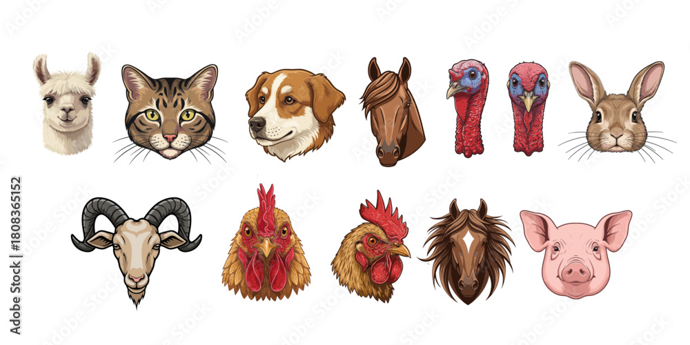 Naklejka premium Animal head illustrations including llamas, cats, dogs, and more 