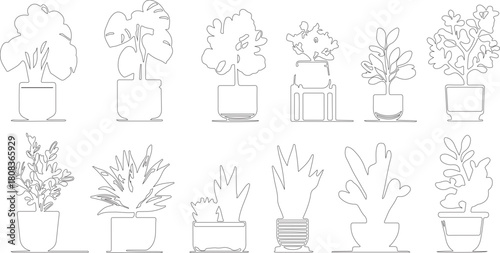 vector set of various small plants of tree silhouette or line art or sketch art vector illustration.
