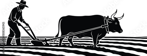 Farmer plowing farmland with ox, traditional agriculture vector illustration, rural countryside scene showing manual field work, vintage farm cultivation and agrarian lifestyle