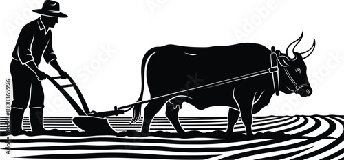 Farmer plowing field with ox, traditional agriculture vector illustration, rural farming scene showing manual cultivation, countryside lifestyle and vintage agrarian work concept