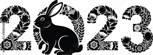 Floral rabbit design with 2023 number, Chinese New Year vector illustration, decorative bunny silhouette, spring celebration art, zodiac animal year theme